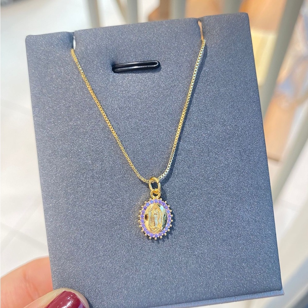Gold Tone Purple Accent Virgin Mary Pendant Necklace - Women Jewelry